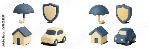 Comprehensive insurance protection symbols featuring umbrella, shield, house, and car in two distinct color variations