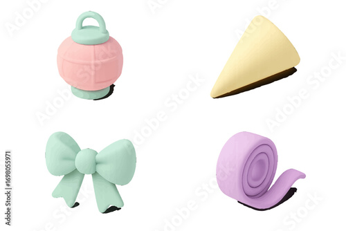 Stylized arrangement of diverse pastel colored objects featuring a decorative lantern, cone, bow, and spiral form