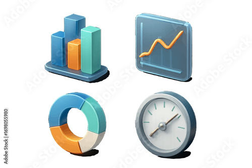 Business data analysis icons featuring charts, graphs, and a timer for financial reporting and progress tracking