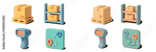 Modern 3D symbols representing key concepts in logistics, warehouse operations, shipping, and package delivery tracking systems