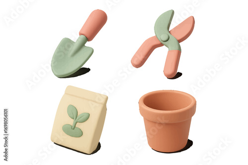 Gardening tools collection with trowel, shears, seed packet, and pot