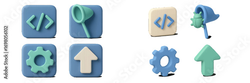 Modern 3D icons for software development, web programming, system settings, and data transfer applications