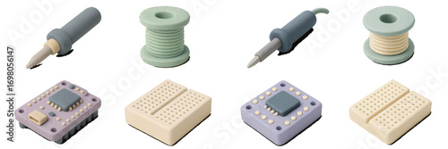 Collection of minimalist electronic components and tools including soldering iron, wire spool, microchip, and breadboard in pastel colors