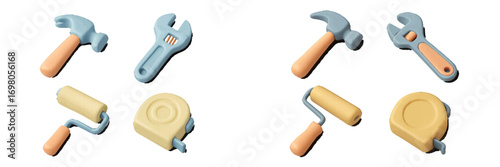 Modern collection of essential hand tools for home improvement and construction projects, including hammers, wrenches, paint rollers, and tape measures