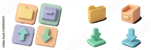 Soft pastel symbols for digital interface design, including folders, an archive box, and upload download arrows for web and mobile applications