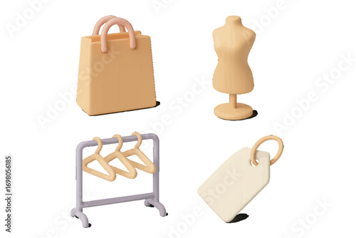 Minimalist 3D shopping and fashion retail elements in soft pastel colors: bag, mannequin, clothes rack, price tag