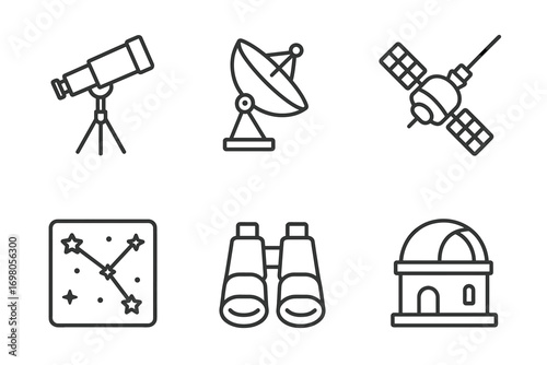 Astronomy icons: telescope, satellite, observatory, constellation, binoculars