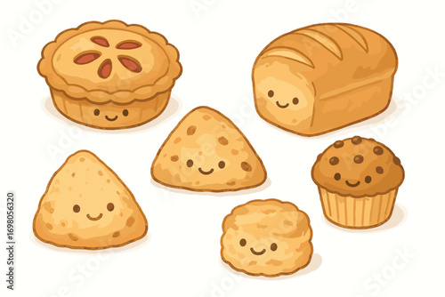 Adorable smiling baked goods: pie, bread, scones, muffin with cute faces