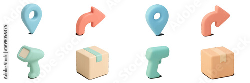 Collection of delivery and logistics icons including location pins, arrows, scanners, and cardboard boxes