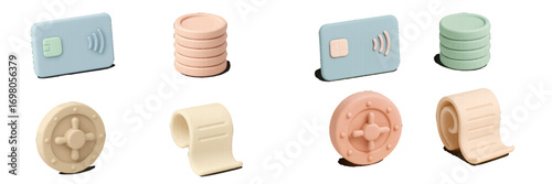 Financial transaction with credit cards, stacked coins, safe door, and receipt scroll in pastel colors
