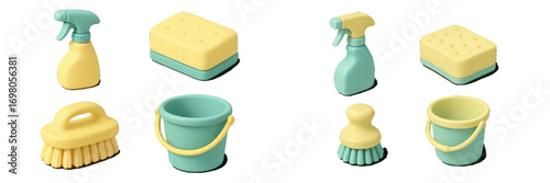 Assorted cleaning tools and supplies in gentle pastel colors