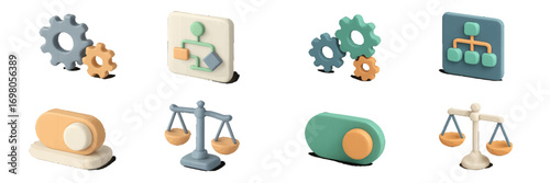 Stylized 3D icons representing various concepts like settings, workflow, balance, and user interface controls