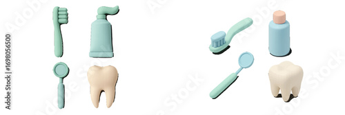 Stylized collection of essential dental hygiene tools and oral care items for maintaining healthy teeth and gums