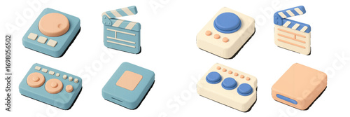 Collection of stylized creative media production tools and controls with film and audio elements for digital content creation and editing