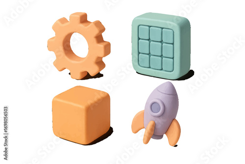 Colorful 3D icons: gear, cube, rocket, grid for design concepts
