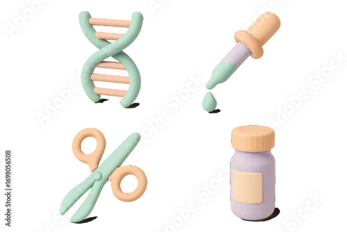Modern scientific and medical research symbols featuring a DNA helix, liquid dropper, genetic scissors, and a sample vial