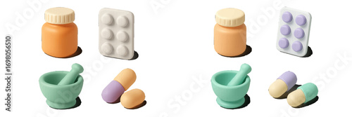 Collection of pharmaceutical supplies including pill bottles, blister packs, mortar and pestle, and capsules