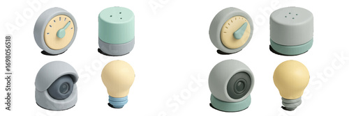 Collection of modern smart home devices including a security camera, light bulb, smart speaker, and timer with minimalist design and pastel colors