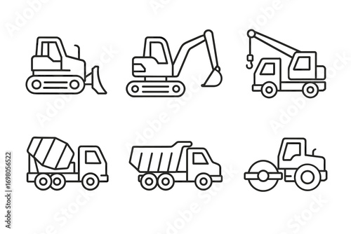 Outline icons of construction vehicles: bulldozer, excavator, crane, cement mixer, dump truck, roller