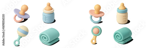 Soft pastel baby accessories collection with pacifiers, bottles, rattles, and blankets on white background