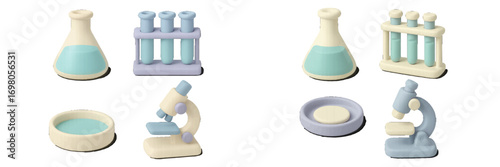 Pastel colored laboratory equipment set featuring flasks, test tubes, petri dish, and microscope