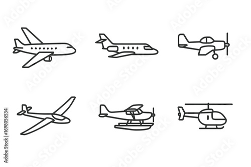Outline illustrations of various aircraft types including jet, propeller, and helicopter