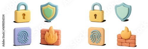 Essential digital security and data protection icons with padlock, shield, fingerprint, and firewall symbols for online safety and privacy