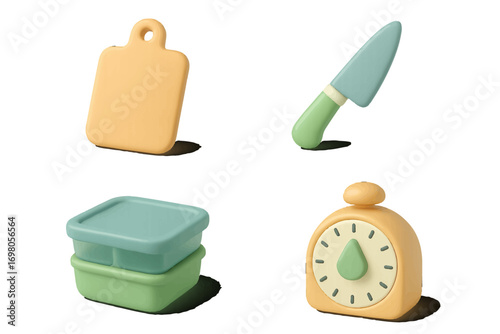 Kitchen utensils and cooking tools set with cutting board, knife, timer, and food containers