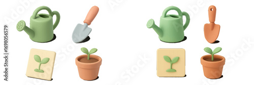Collection of gardening tools and plant growth elements including watering can, trowel, seed packet, and seedling