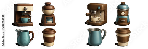 Assortment of coffee making equipment including espresso machines, coffee grinders, milk pitchers, and reusable cups