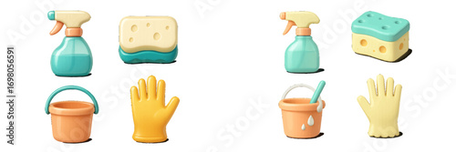 Colorful collection of essential household cleaning supplies including spray bottle, sponge, bucket, and protective rubber glove