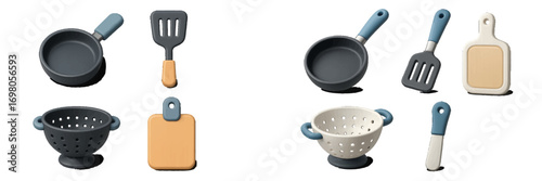 Modern kitchenware collection featuring frying pan, spatula, colander, and cutting board for cooking and food preparation