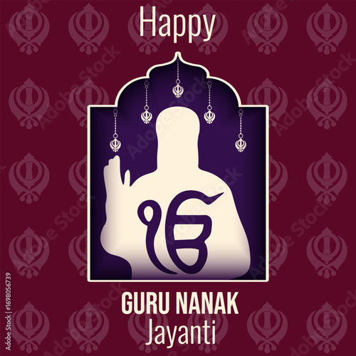 Guru Nanak Jayanti holiday poster cover layout. Vector illustration of window with indian Guru Nanak deva. Guru Nanak greeting card design. EPS 10