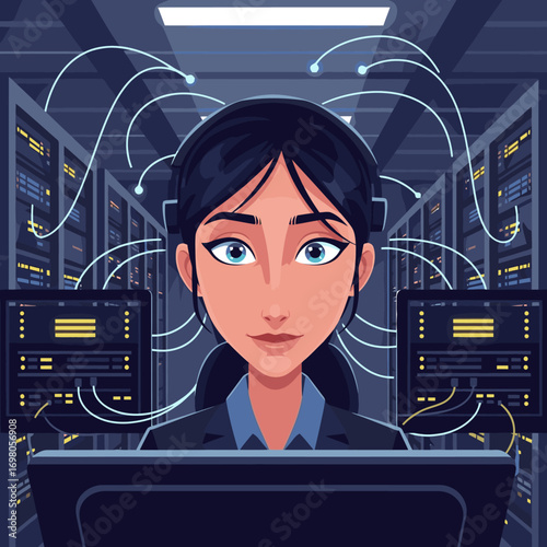 Focused Female Data Center Technician Working Late