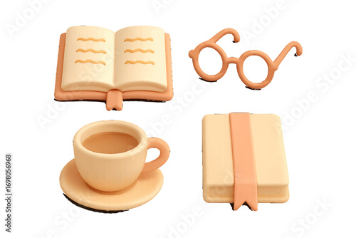 Collection of essential items for reading and studying including an open book, closed book, eyeglasses, and coffee cup