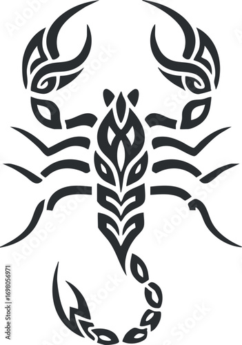 Stylized tribal scorpion tattoo design featuring elegant patterns and sharp details. Black on transparent background.