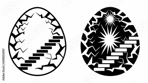 Two cracked egg shapes showing stairs and starburst patterns in both black and white color schemes design silhouette