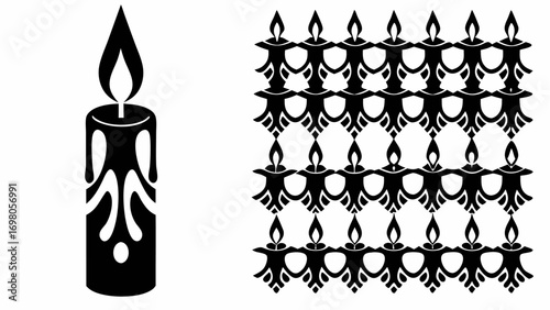 Illustration of a single candle with wax drips next to a pattern of repeating candle like shapes design silhouette