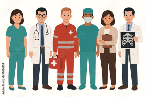 Group of diverse healthcare professionals including doctors and paramedic