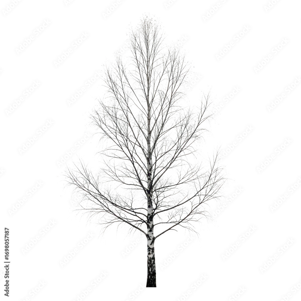 Obraz premium Isolated winter birch tree silhouette with white foliage and transparent background