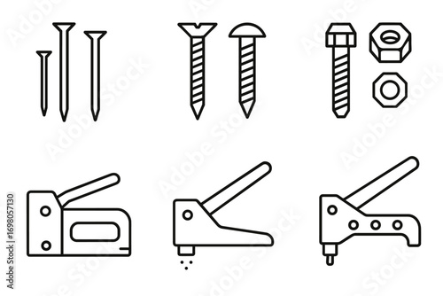Assorted hardware tools illustrations: nails, screws, nuts, staplers, and rivet tools