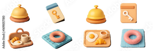 Hotel service bell, key card, and breakfast food items including egg, croissant, coffee, and donut in a charming modern style