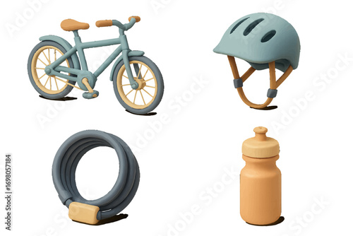 Bicycle, protective helmet, security lock, and water bottle for cycling activities and outdoor recreation