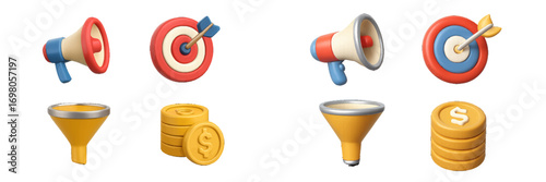 Key digital marketing and business strategy concepts with megaphone, target, sales funnel, and stacked dollar coins