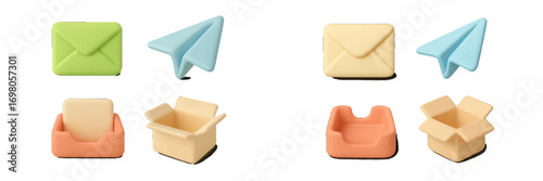 Colorful 3D style icons representing digital communication, messaging, and delivery services for modern web and app interfaces