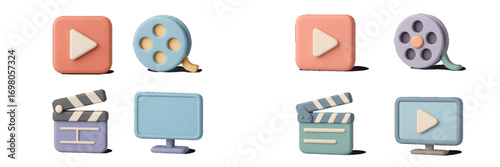 3D media player icons set with play button, film reel, clapperboard, and video monitor symbols
