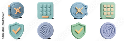 Digital security icons set with safe, keypad, shield, and fingerprint for data protection and access control