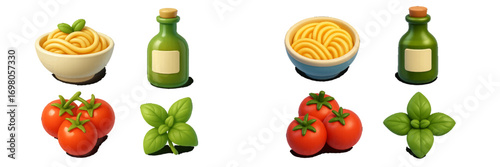 Vibrant Italian cuisine ingredients set featuring pasta bowl, ripe red tomatoes, fresh green basil leaves, and a classic olive oil bottle