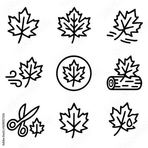 Stylized Maple Leaf Icon Set Autumnal Designs with Scissors Wind and Wood.