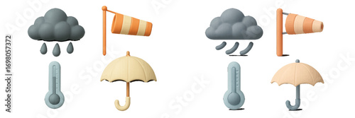 Stylized weather forecast symbols and climate condition icons featuring clouds, windsock, thermometer, and umbrella